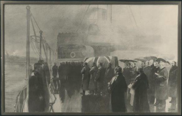 A photograph of an original oil painting which shows the deck of the HMS Blenheim upon its arrival in Halifax with former prime minister Thompson’s remains.