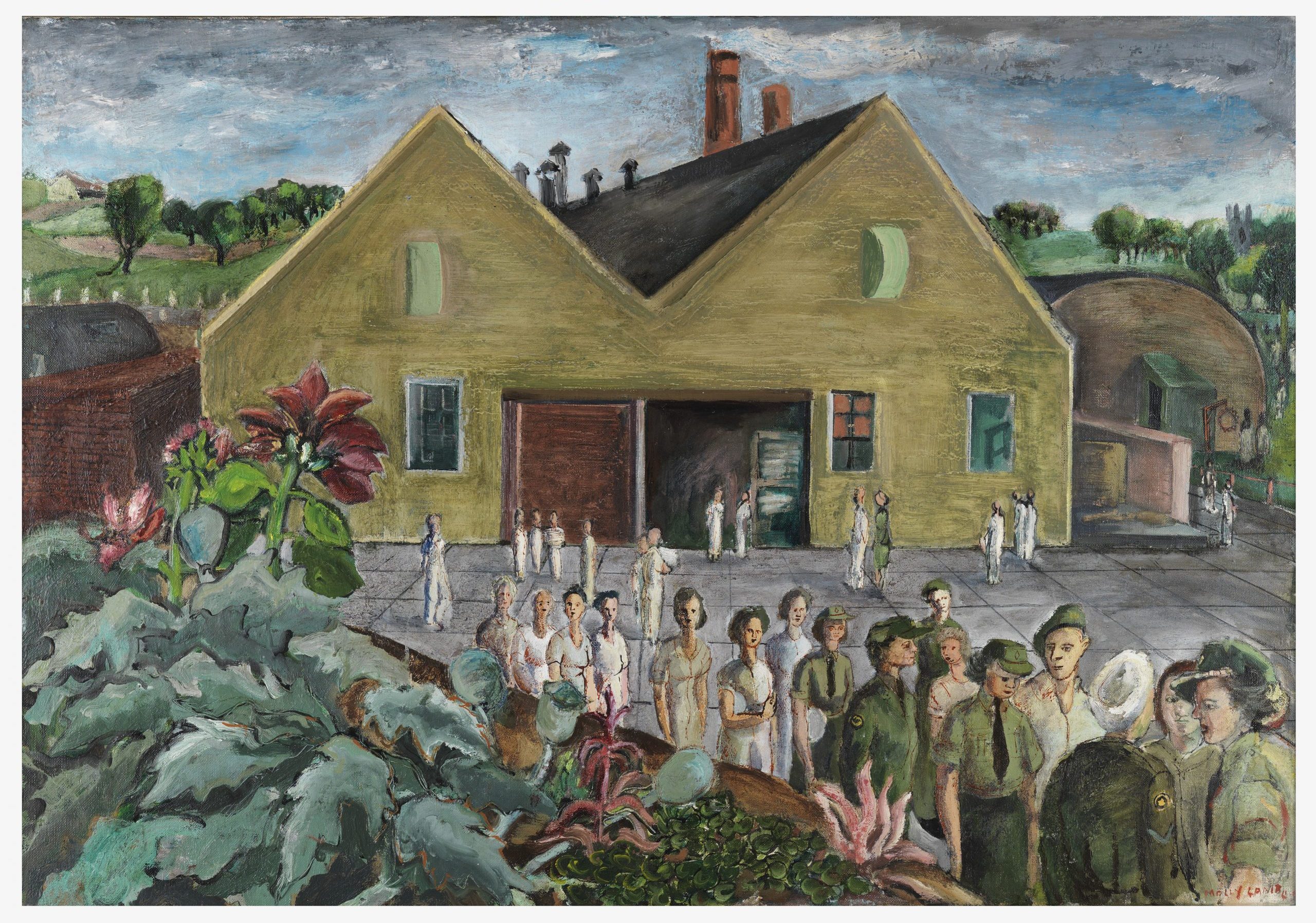 A colourful painting depicting a building and women (some in uniform) in a line, with rolling hills and trees in the background. This painting is the completed version of the painting on which Bobak is working in the photograph above