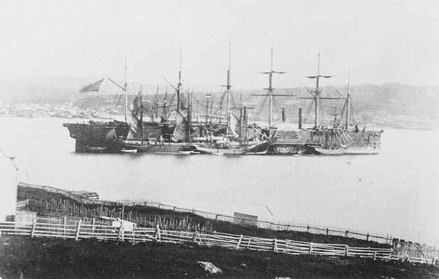 Large ship seen from shore.