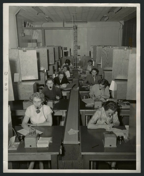 Four black-and-white photographs and two colour photographs showing women connected to telephone switchboards with headsets taking catalogue orders over the decades.