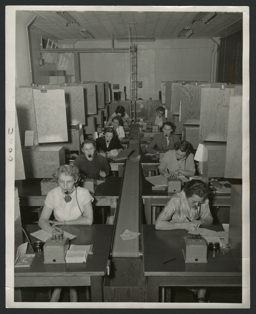 Four black-and-white photographs and two colour photographs showing women connected to telephone switchboards with headsets taking catalogue orders over the decades.