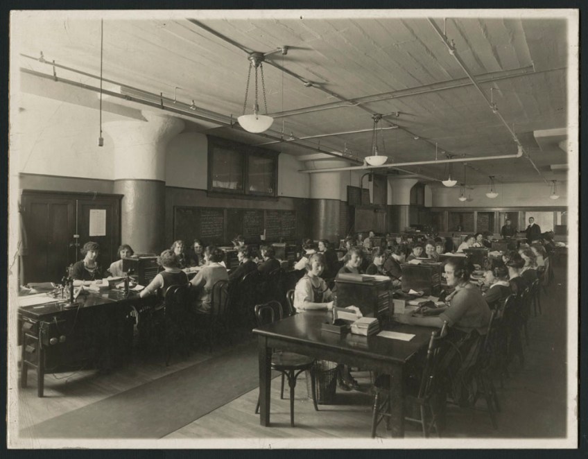 black-and-white photographs and two colour photographs showing women connected to telephone switchboards with headsets taking catalogue orders over the decades.