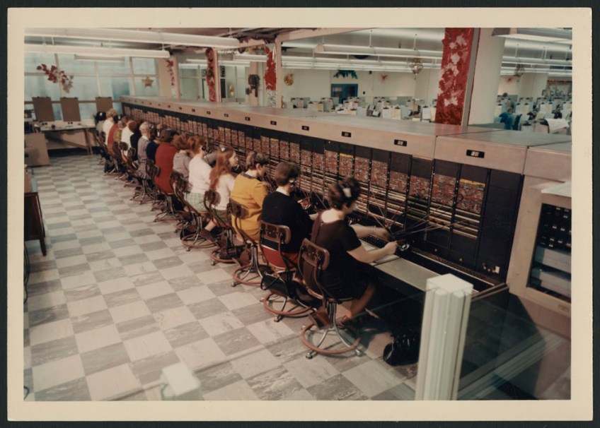 colour photographs showing women connected to telephone switchboards with headsets taking catalogue orders over the decades.