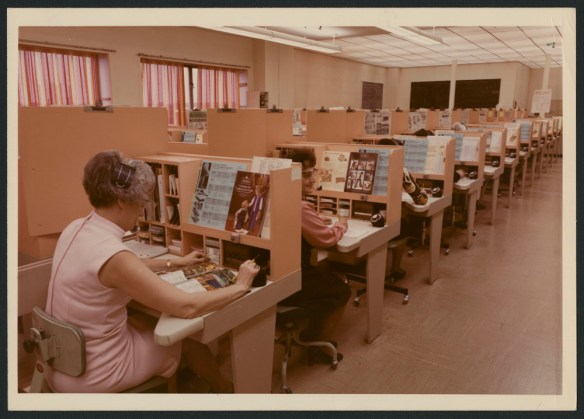 colour photographs showing women connected to telephone switchboards with headsets taking catalogue orders over the decades.