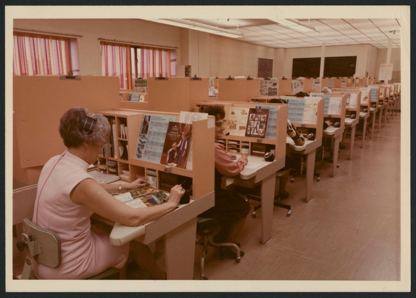 colour photographs showing women connected to telephone switchboards with headsets taking catalogue orders over the decades.