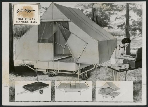 A black-and-white photograph showing a camper trailer, and a woman unpacking a set of dishes at a table, with smaller images of details of the camper at the bottom of the advertisement.