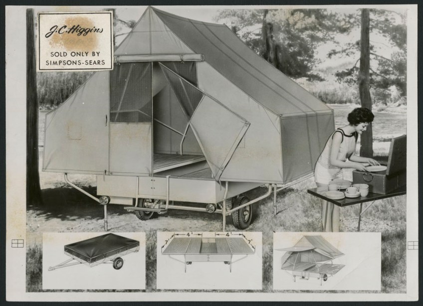 A black-and-white photograph showing a camper trailer, and a woman unpacking a set of dishes at a table, with smaller images of details of the camper at the bottom of the advertisement.