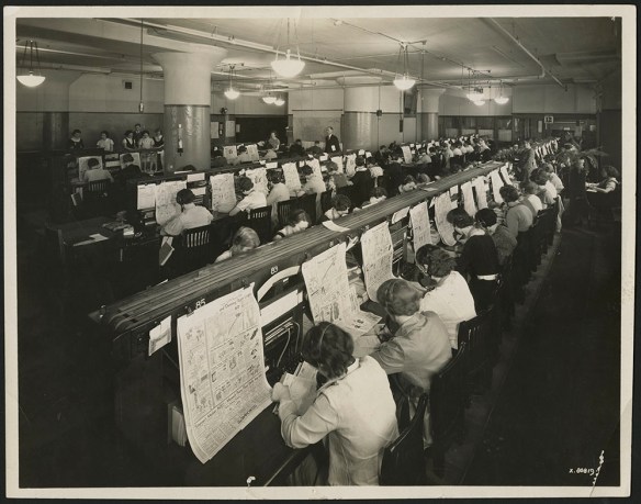 black-and-white photographs and two colour photographs showing women connected to telephone switchboards with headsets taking catalogue orders over the decades.