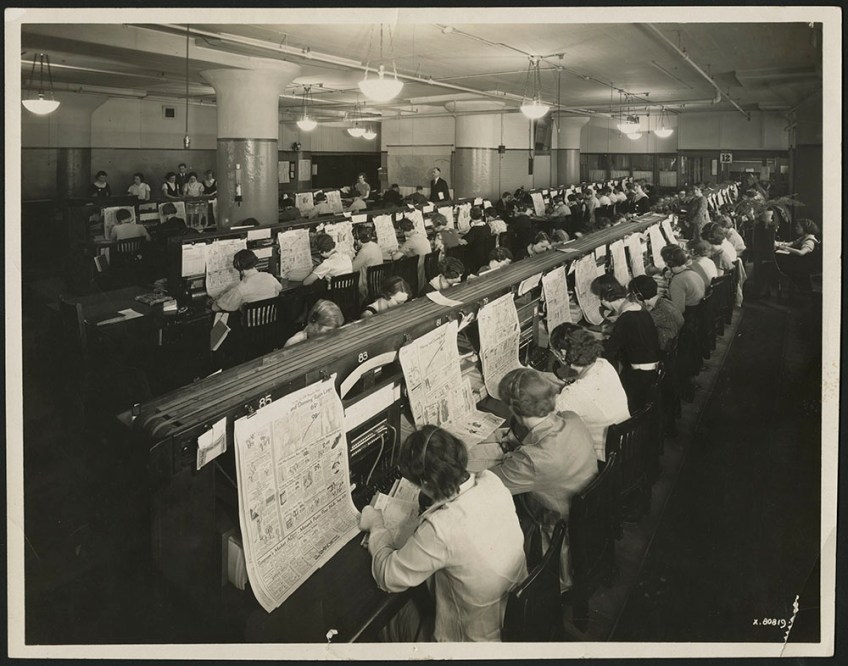black-and-white photographs and two colour photographs showing women connected to telephone switchboards with headsets taking catalogue orders over the decades.