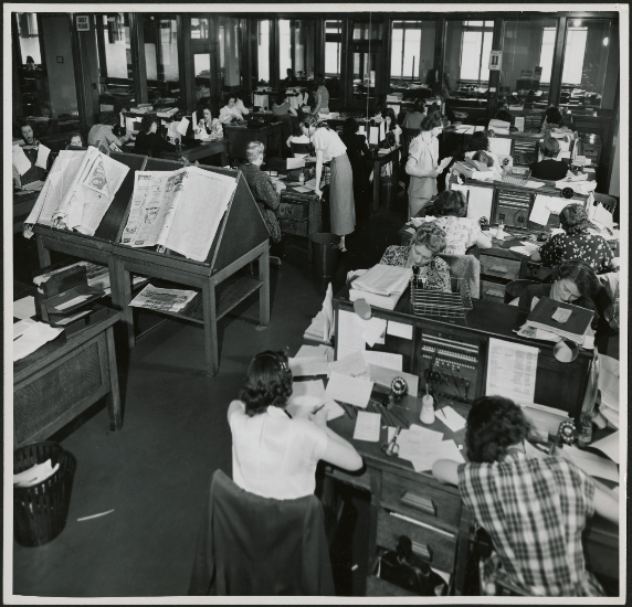 black-and-white photographs and two colour photographs showing women connected to telephone switchboards with headsets taking catalogue orders over the decades.