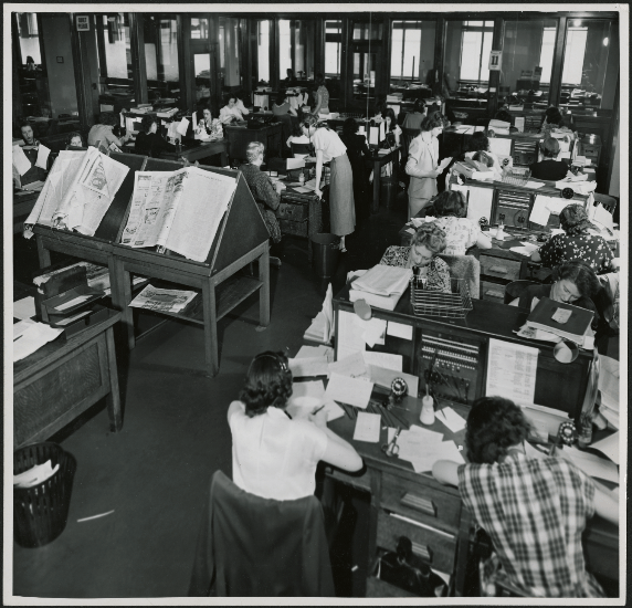 black-and-white photographs and two colour photographs showing women connected to telephone switchboards with headsets taking catalogue orders over the decades.