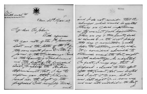 A black-and-white microfilm of a two-page letter written on Department of Indian Affairs letterhead. 