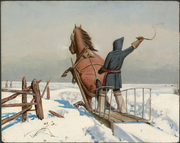 Painting of a person holding a riding crop above his head, standing on a sleigh being pulled through the snow by a rearing brown horse.