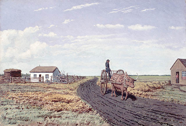 An oil painting depicting a person on a Red River cart being pulled by an ox on a dirt road. In the background, there is a small white house and two other small buildings.