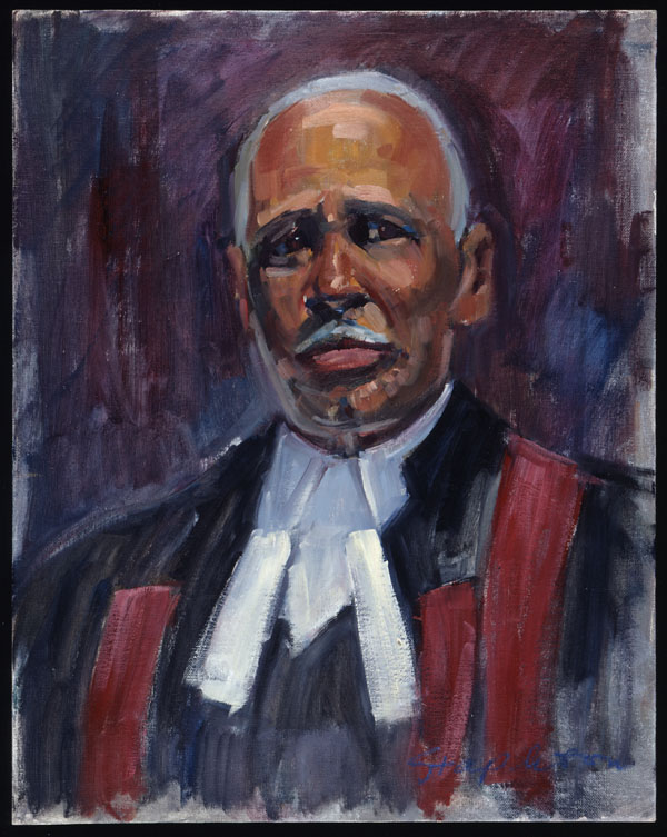 A painted head and shoulders portrait showing an older Black man dressed in judge’s robes and a crisp white shirt. His black robes are embellished with a burgundy sash. The man, who looks directly at the viewer, has short grey hair and a white moustache.