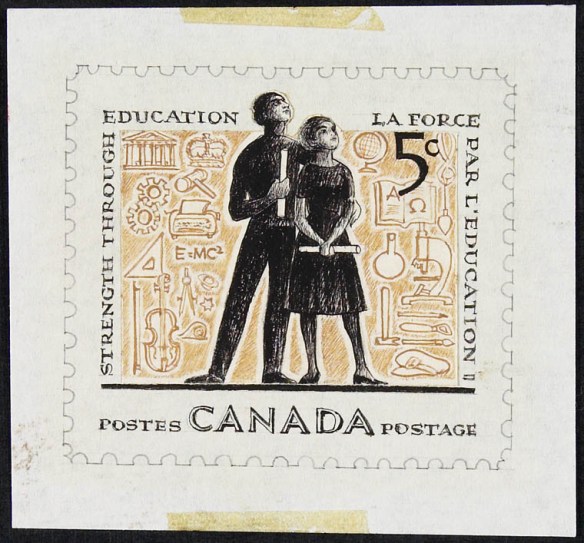 A two-tone stamp design showing a boy and a girl with diplomas in their hands looking off into the distance, with symbols representing aspects of knowledge in orange: classical building, crown, gavel, gears, typewriter, scientific equation, violin, globe, book, microscope, etc.