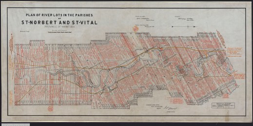 A large map showing narrow rectangle river lots and the names of the owners of the lots, written in red ink. A railroad and a river are shown on the map. 