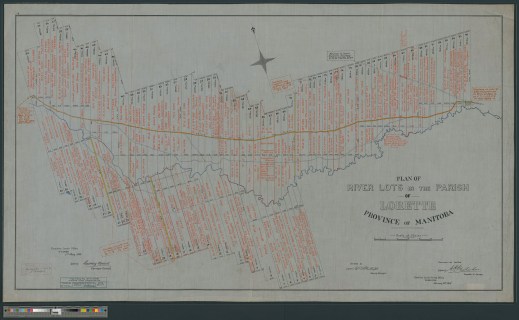 A large map showing narrow rectangle river lots and the names of the owners of the lots, written in red ink. At the top of the map is a compass, indicating north. 