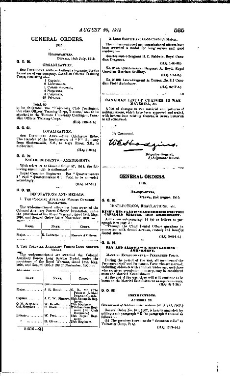 A typed page with two columns from the Canada Gazette.