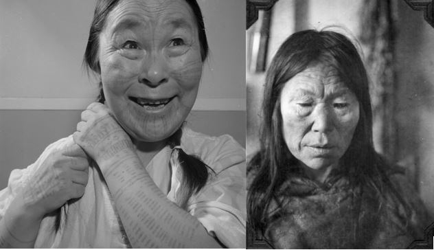 A black-and-white photograph of an Inuk woman with tattoos on her face and arms smiling while braiding her hair. Right: A black-and-white photograph of an Inuk woman in a fur parka.