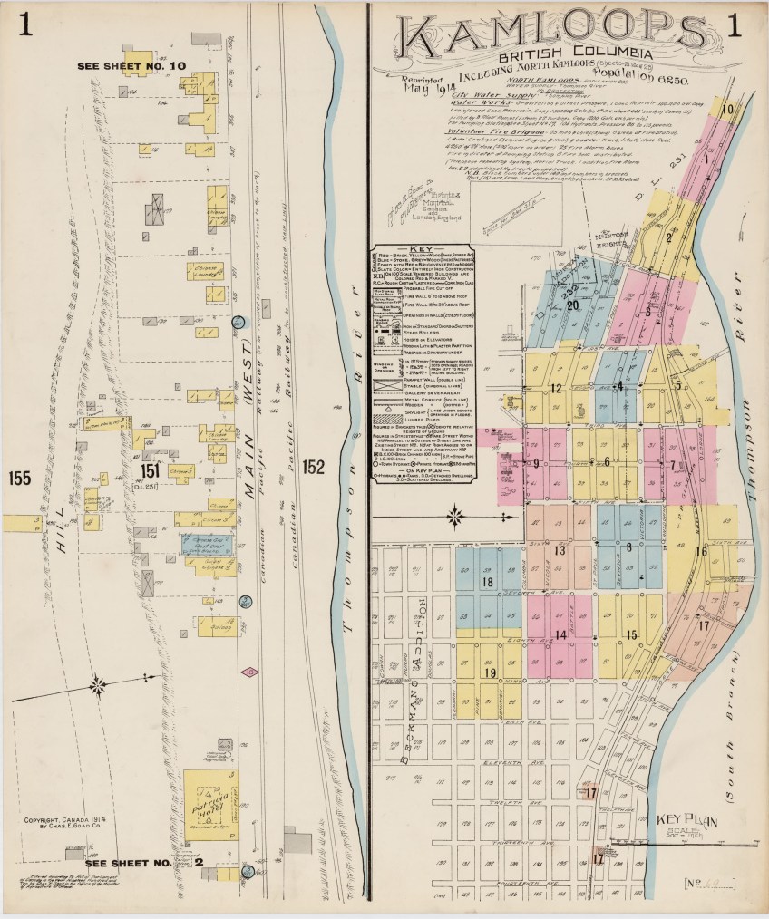 Colour-coded map of a portion of the city of Kamloops, showing streets and building locations.