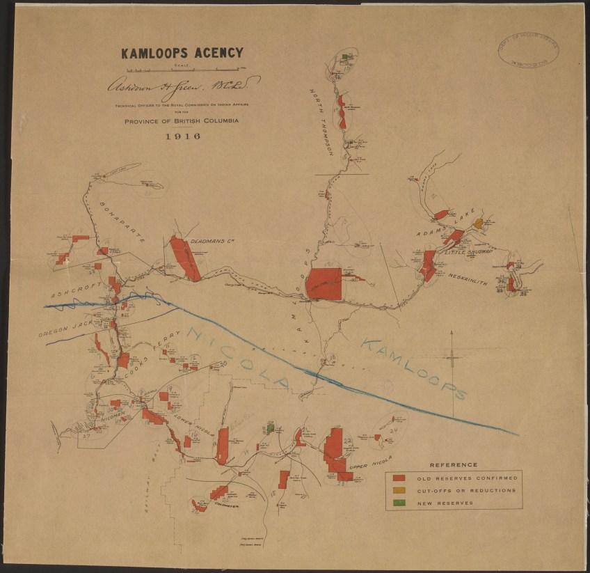 Map showing reserves in the Nicola and Kamloops agencies, with colour coding indicating existing reserves, new reserves and land cut off from reserves.
