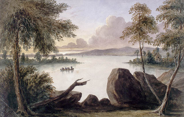 A painting depicting a canoe on a lake, with a house in the background, and trees and rocks in the foreground.