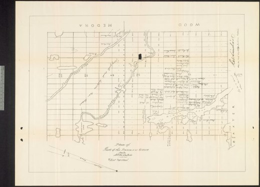 A map showing the grid of the Township of Gibson, with the labels Medora and Wood at the top and Baxter on the right.