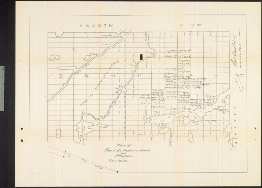 A map showing the grid of the Township of Gibson, with the labels Medora and Wood at the top and Baxter on the right.