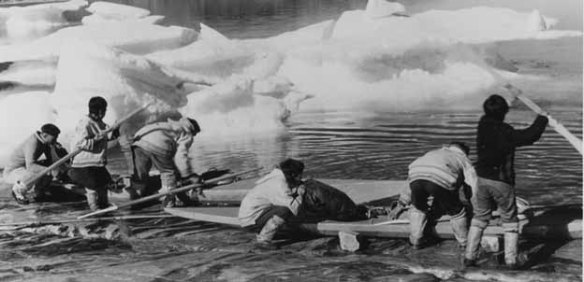 A black-and-white photo of six Inuit hunters loading their qajaqs with supplies for the hunt.