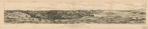 Black and white print of a drawing depicting a series of rounded mountains. There are trees and grass in the foreground. The print is titled and has some small labels along the top edge indicating cardinal directions.