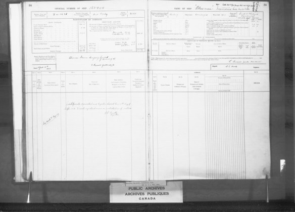Copy of the two-page registration entry for the Bluenose in the ledger of the Registrar of Shipping in Lunenburg, Nova Scotia.