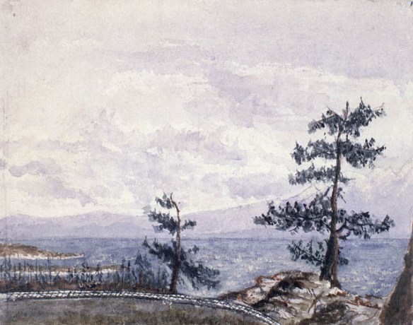 A watercolour painting of two trees with a body of water and a mountain in the background