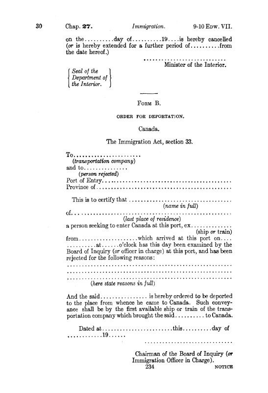 A typed page (Form B of the Immigration Act of 1910, used for deportations).