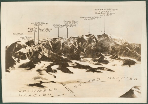Photograph of Mount Logan with the names of the peaks and routes annotated.