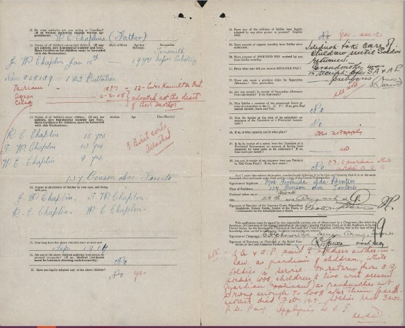 A typed and handwritten document from William Charles Chaplin’s service file from the Personnel Records of the First World War database. The handwriting is in red, black and blue ink. 