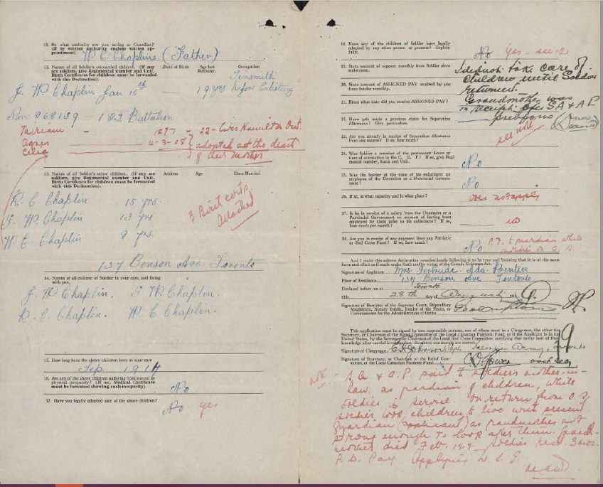 A typed and handwritten document from William Charles Chaplin’s service file from the Personnel Records of the First World War database. The handwriting is in red, black and blue ink.