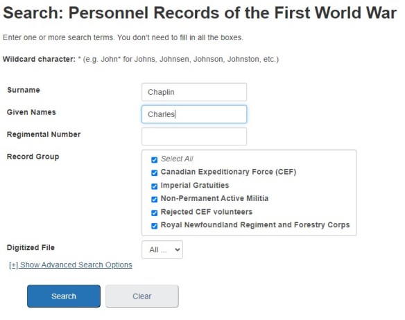 Screenshot of a search for the name “Charles Chaplin” in the Personnel Records of the First World War database. 