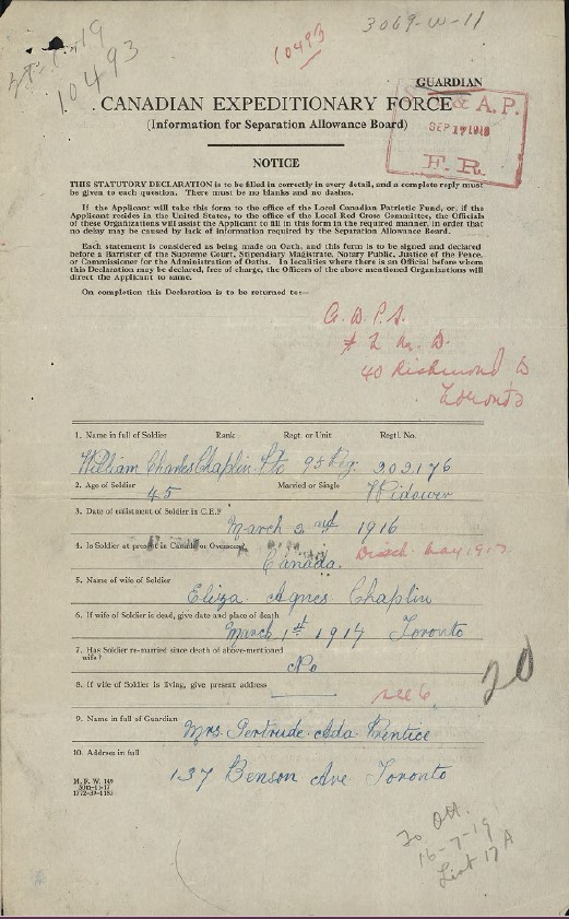 A typed and handwritten document called Canadian Expeditionary Force (Information for Separation Allowance Board) from William Charles Chaplin’s service file in the Personnel Records of the First World War database.
