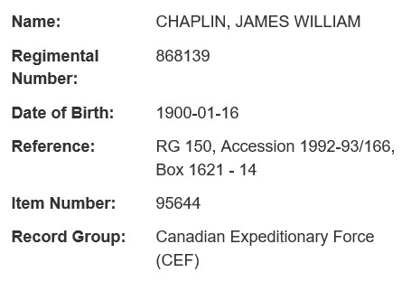 Screenshot of the reference page for James William Chaplin from the Personnel Records of the First World War database. 