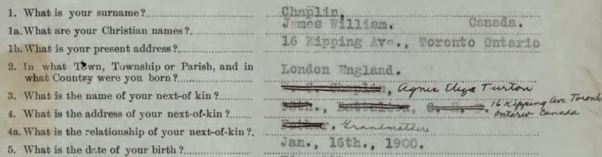 A portion of a soldier’s attestation page, with numbered columns on the left and typing with some entries crossed out and handwritten.