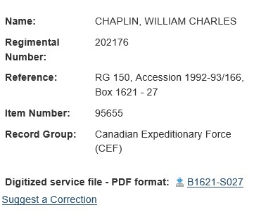 Screenshot of the reference page for “Chaplin, William Charles” from the Personnel Records of the First World War database.