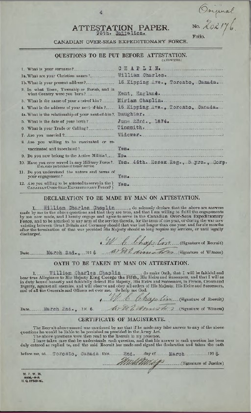 The attestation paper from William Charles Chaplin’s service file in the Personnel Records of the First World War database. The words “Attestation Paper, 95th Battalion” are typed at the top centre. The word “Original” is handwritten at the top right-hand corner.