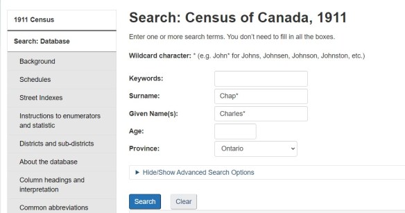 Screenshot of the LAC 1911 Census of Canada database.