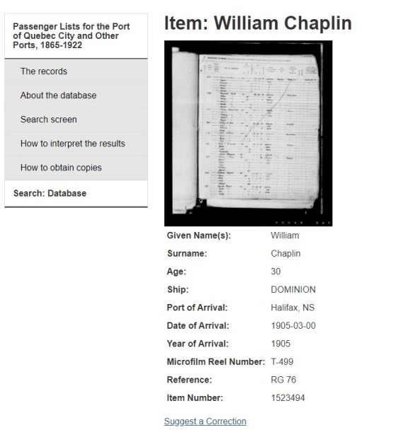 Screenshot from the Passenger Lists for the Port of Quebec City and Other Ports, 1865-1922 database entry for William Chaplin.