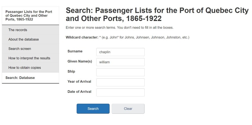 Screenshot of the Passenger Lists for the Port of Quebec City and Other Ports, 1865-1922 database search page.