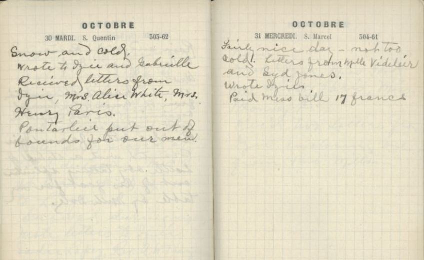 Two pages of a personal diary. The date is printed at the top of each page, October 30 and 31. Underneath it, Captain White wrote general observations about the weather, letters he wrote and received, and life in camp.