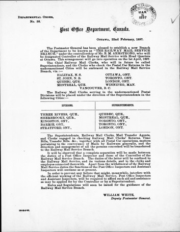 Departmental order from Deputy Postmaster General William White, dated February 22, 1897, announcing the establishment of the Railway Mail Service Branch. The announcement includes the initial locations and other details regarding the service.