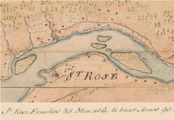 Colour map showing a river and islands, on which the words “St. Rose” are written at centre, towards the bottom of the map.