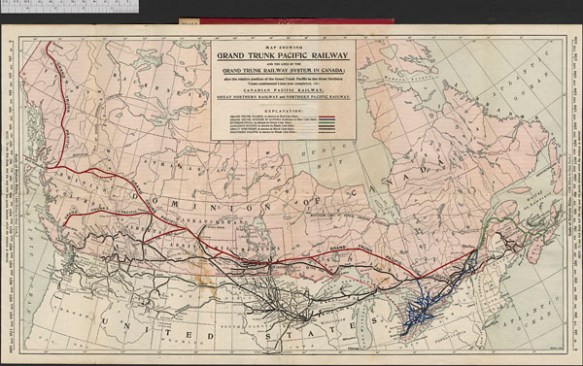 Colour map of Canada and the northern portion of the United States, showing various railway lines across the continent.